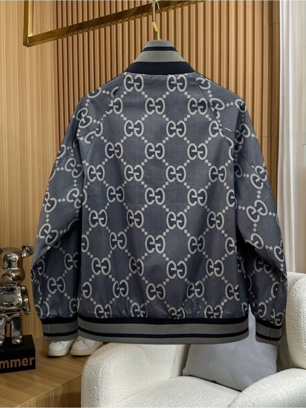 Gucci Gray GG Monogram Bomber Jacket with Green-Red Stripe